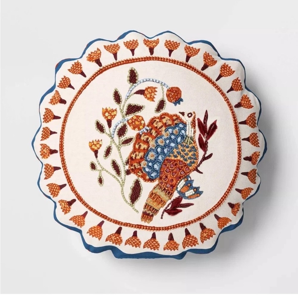 Embroidered Threshold Round Cushion with Turkey Design